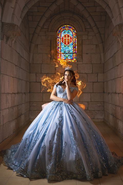 Quincea&ntilde;era photoshoot &mdash; blue gown stained glass window at The Ancient Spanish Monastery, Miami Visions Photography
