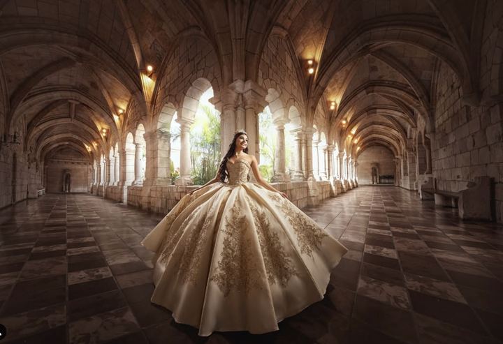 Quincea&ntilde;era photoshoot &mdash; gold ball gown cloister arcade at The Ancient Spanish Monastery, Miami Visions Photography