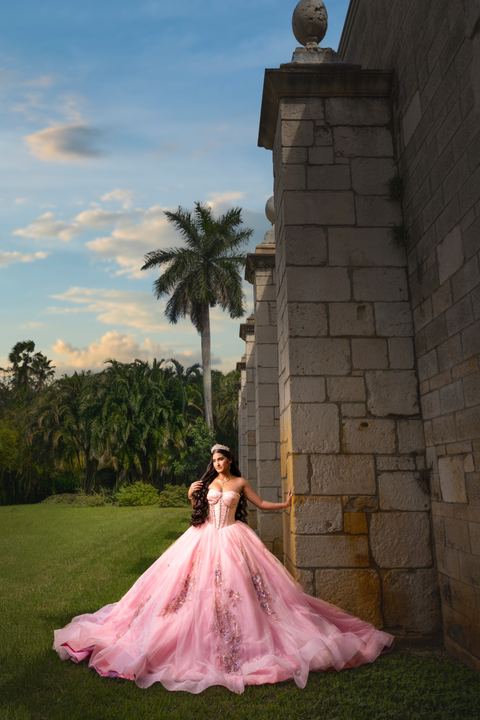 Quincea&ntilde;era photoshoot &mdash; pink gown royal palms garden at The Ancient Spanish Monastery, Miami Visions Photography