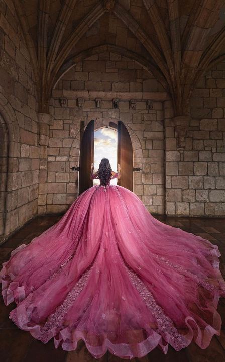 Quincea&ntilde;era photoshoot &mdash; pink gown train chapel doorway at The Ancient Spanish Monastery, Miami Visions Photography