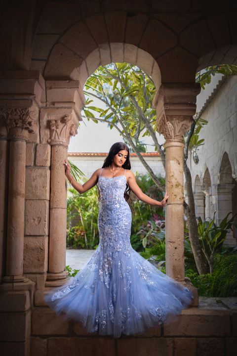 Quincea&ntilde;era photoshoot &mdash; lavender mermaid gown garden courtyard at The Ancient Spanish Monastery, Miami Visions Photography