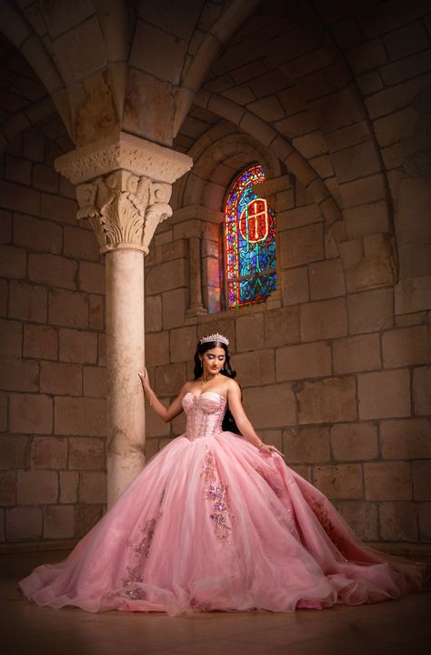 Quincea&ntilde;era photoshoot &mdash; pink gown stained glass tiara at The Ancient Spanish Monastery, Miami Visions Photography