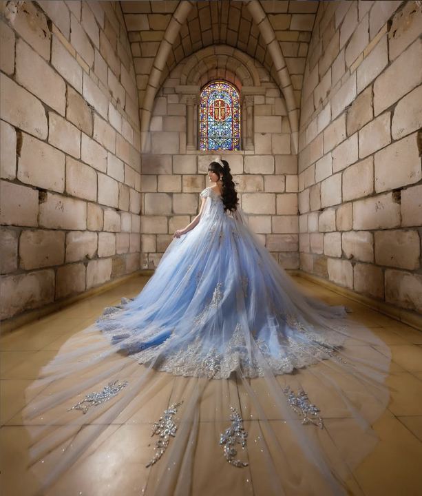 Quincea&ntilde;era photoshoot &mdash; powder blue train stained glass chapel at The Ancient Spanish Monastery, Miami Visions Photography