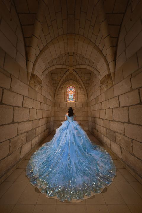 Quincea&ntilde;era photoshoot &mdash; blue glitter train stone hall at The Ancient Spanish Monastery, Miami Visions Photography