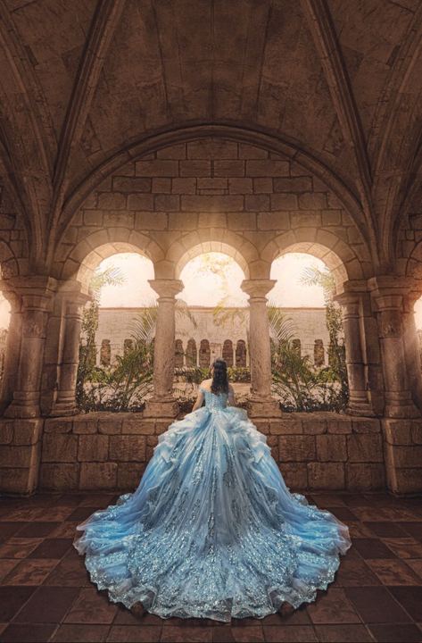 Quincea&ntilde;era photoshoot &mdash; blue gown cloister garden at The Ancient Spanish Monastery, Miami Visions Photography