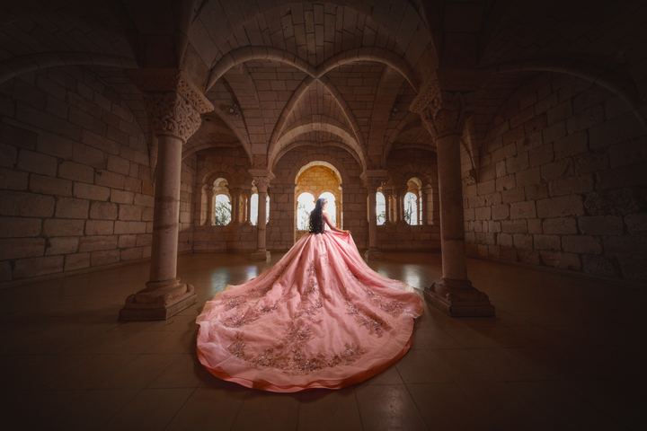 Quincea&ntilde;era photoshoot &mdash; coral gown swirl train vaulted hall at The Ancient Spanish Monastery, Miami Visions Photography