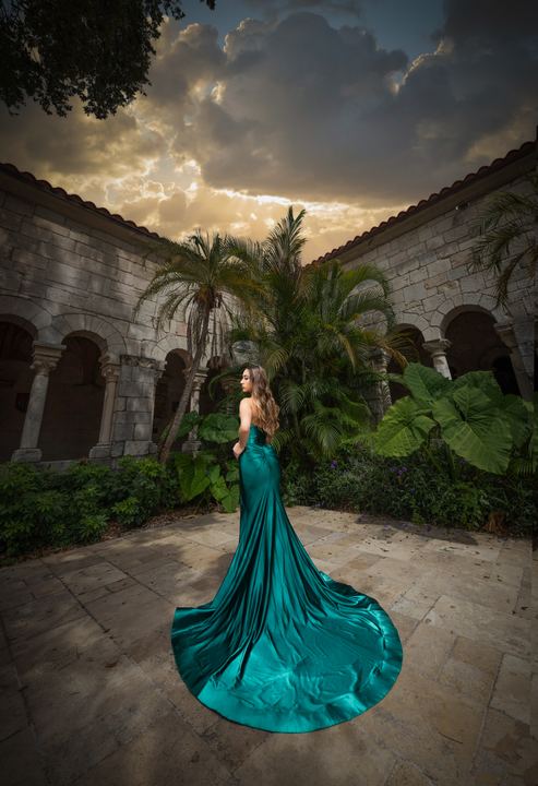 Quincea&ntilde;era photoshoot &mdash; emerald satin train tropical cloister at The Ancient Spanish Monastery, Miami Visions Photography