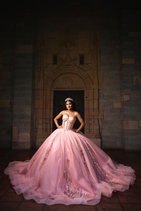 Quincea&ntilde;era photoshoot &mdash; blush gown monastery entrance at The Ancient Spanish Monastery, Miami Visions Photography