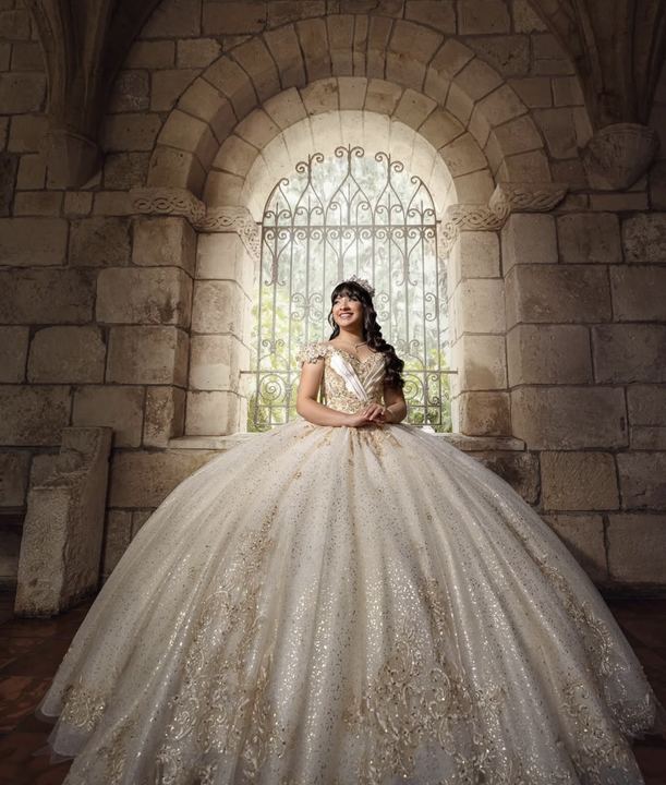 Quincea&ntilde;era photoshoot &mdash; champagne sparkle gown arched window at The Ancient Spanish Monastery, Miami Visions Photography