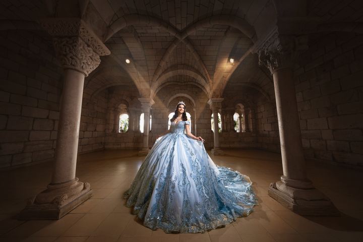 Quincea&ntilde;era photoshoot &mdash; ice blue gown cloister arches at The Ancient Spanish Monastery, Miami Visions Photography