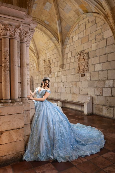 Quincea&ntilde;era photoshoot &mdash; light blue gown stone bench at The Ancient Spanish Monastery, Miami Visions Photography