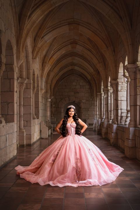 Quincea&ntilde;era photoshoot &mdash; pink ball gown cloister walkway at The Ancient Spanish Monastery, Miami Visions Photography