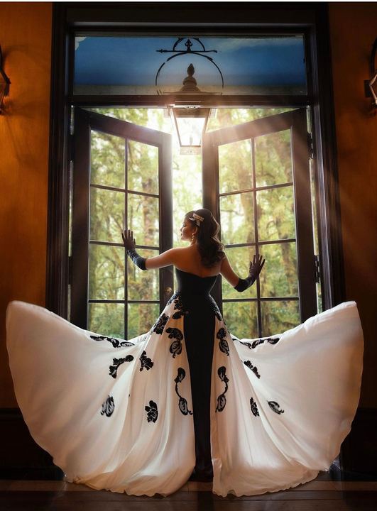 Quincea&ntilde;era photoshoot &mdash; black white floral gown window at The Cruz Building, Miami Visions Photography