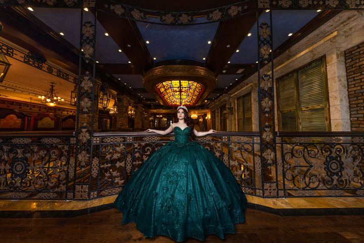 Quincea&ntilde;era photoshoot &mdash; emerald gown ballroom chandelier at The Cruz Building, Miami Visions Photography
