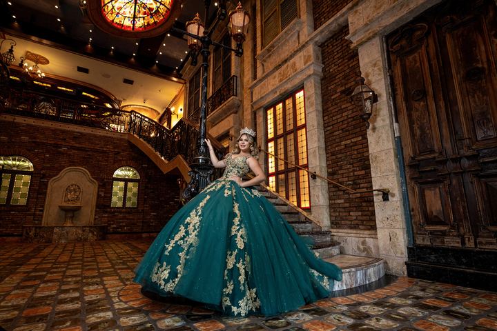 Quincea&ntilde;era photoshoot &mdash; teal gold gown courtyard staircase at The Cruz Building, Miami Visions Photography