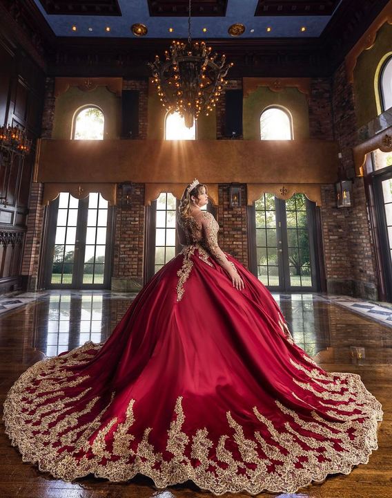 Quincea&ntilde;era photoshoot &mdash; burgundy gold gown ballroom windows at The Cruz Building, Miami Visions Photography