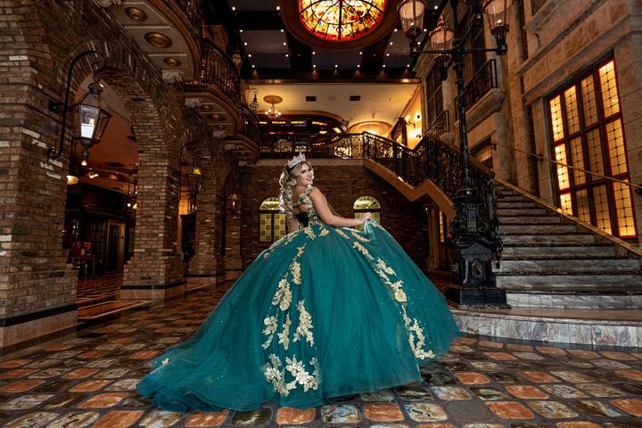Quincea&ntilde;era photoshoot &mdash; teal gold gown grand staircase at The Cruz Building, Miami Visions Photography