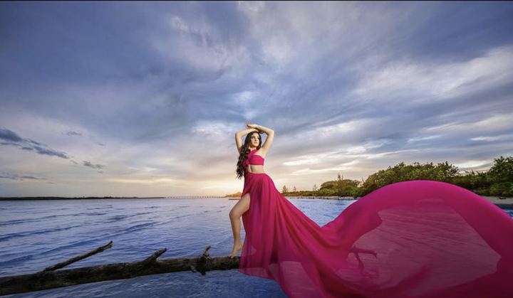 Quincea&ntilde;era photoshoot &mdash; pink flying dress ocean log at Key Biscayne, Miami Visions Photography