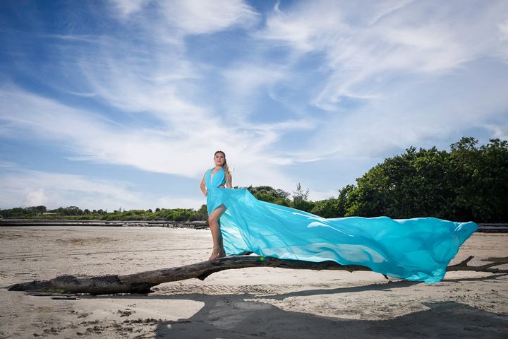 Quincea&ntilde;era photoshoot &mdash; turquoise flying dress driftwood beach at Key Biscayne, Miami Visions Photography