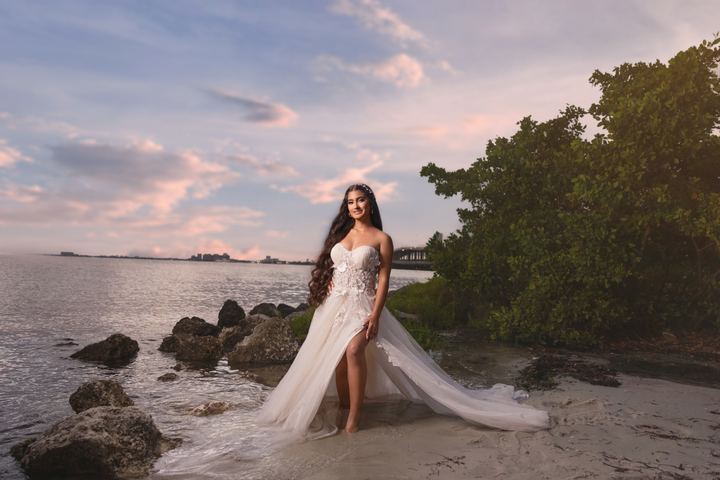 Quincea&ntilde;era photoshoot &mdash; white lace gown mangrove rocks at Key Biscayne, Miami Visions Photography
