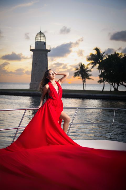 Quincea&ntilde;era photoshoot &mdash; red gown yacht lighthouse at Key Biscayne, Miami Visions Photography
