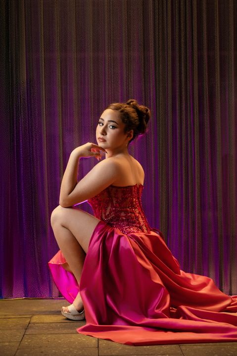 Quincea&ntilde;era photoshoot &mdash; magenta corset dress curtain at Miami Design District, Miami Visions Photography