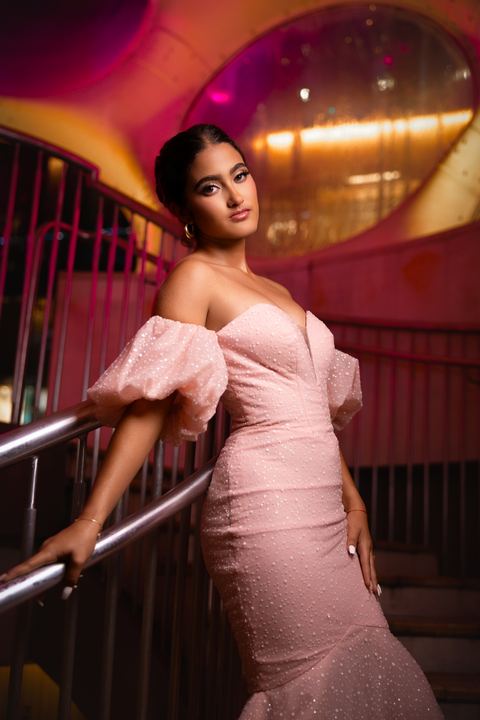 Quincea&ntilde;era photoshoot &mdash; pink pearl gown neon rail at Miami Design District, Miami Visions Photography