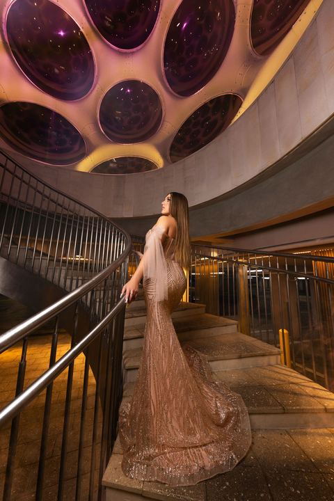 Quincea&ntilde;era photoshoot &mdash; rose gold gown staircase at Miami Design District, Miami Visions Photography