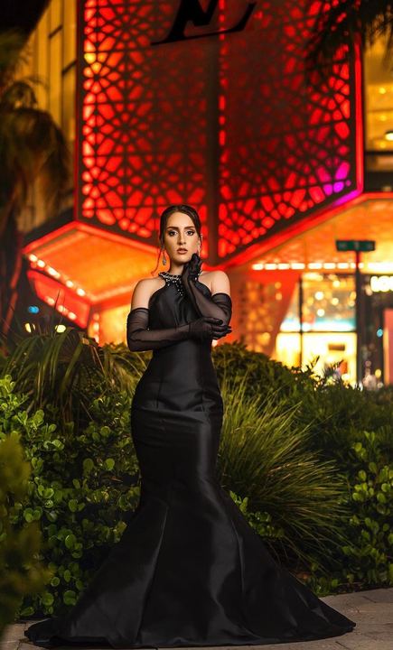 Quincea&ntilde;era photoshoot &mdash; black gown gloves neon night at Miami Design District, Miami Visions Photography