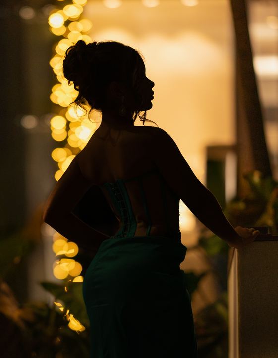 Quincea&ntilde;era photoshoot &mdash; emerald corset silhouette bokeh at Miami Design District, Miami Visions Photography