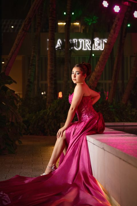Quincea&ntilde;era photoshoot &mdash; pink corset dress terrace at Miami Design District, Miami Visions Photography