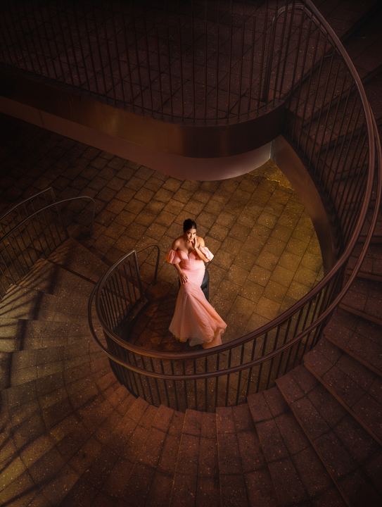 Quincea&ntilde;era photoshoot &mdash; pink gown spiral stairwell at Miami Design District, Miami Visions Photography