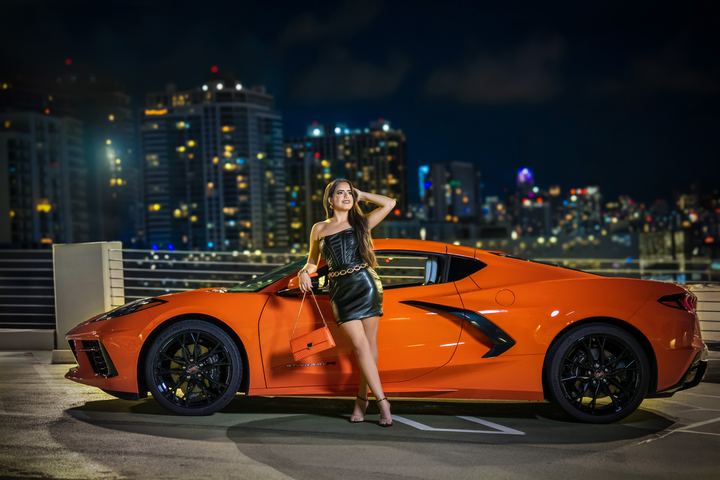 Quincea&ntilde;era photoshoot &mdash; leather dress corvette skyline night at Miami Design District, Miami Visions Photography