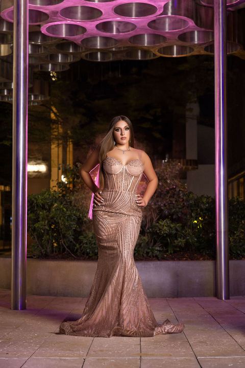 Quincea&ntilde;era photoshoot &mdash; rose gold sequin gown palm court at Miami Design District, Miami Visions Photography