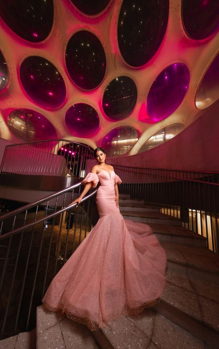 Quincea&ntilde;era photoshoot &mdash; pink mermaid gown staircase at Miami Design District, Miami Visions Photography