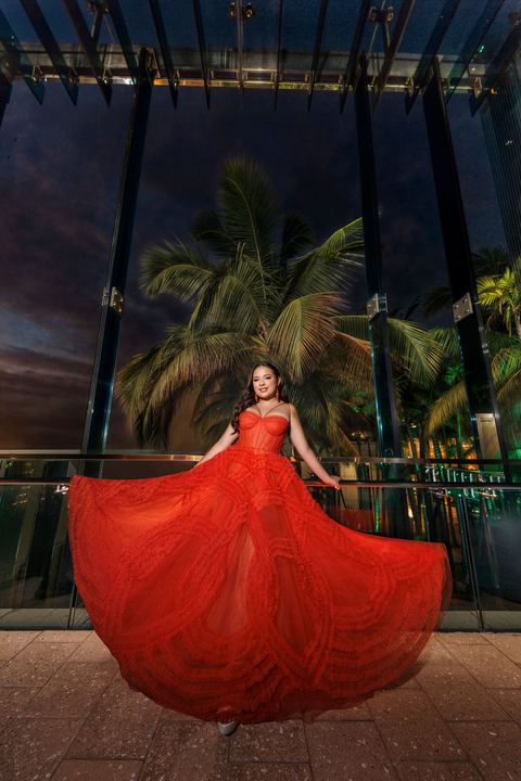 Quincea&ntilde;era photoshoot &mdash; red dress palm night at Miami Design District, Miami Visions Photography