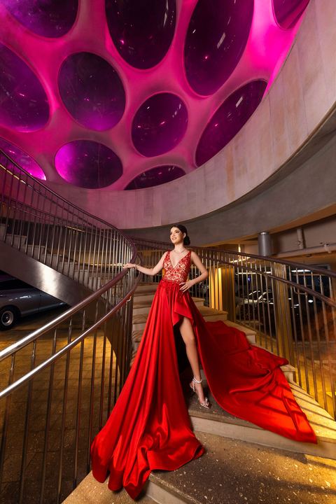 Quincea&ntilde;era photoshoot &mdash; red gown museum garage staircase at Miami Design District, Miami Visions Photography