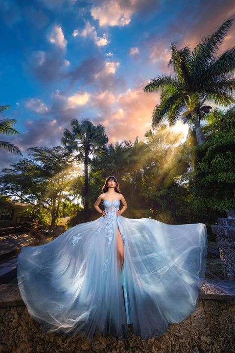 Quincea&ntilde;era photoshoot &mdash; ice blue slit gown sunrays at Secret Gardens Miami, Miami Visions Photography
