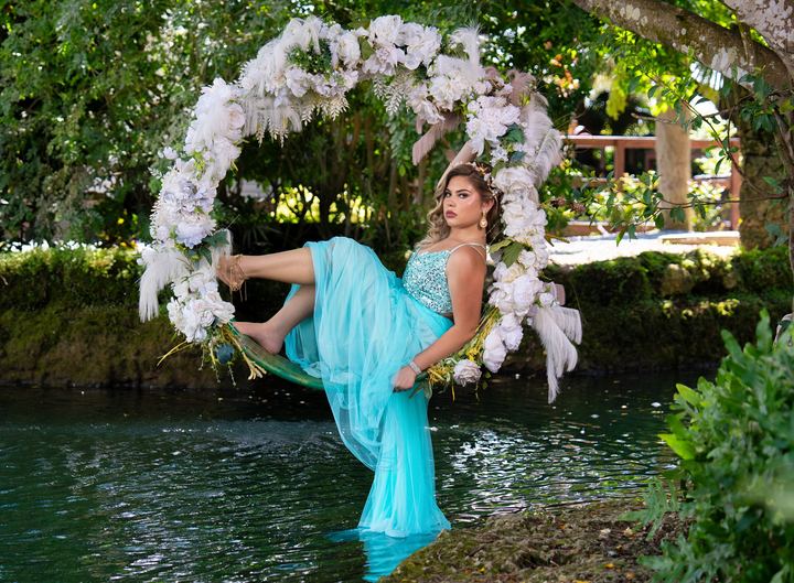 Quincea&ntilde;era photoshoot &mdash; turquoise dress floral swing lagoon at Secret Gardens Miami, Miami Visions Photography