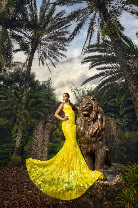 Quincea&ntilde;era photoshoot &mdash; yellow mermaid dress bronze lion at Secret Gardens Miami, Miami Visions Photography