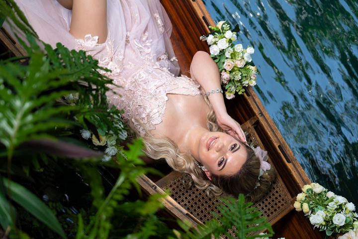 Quincea&ntilde;era photoshoot &mdash; blush gown boat bouquet at Secret Gardens Miami, Miami Visions Photography