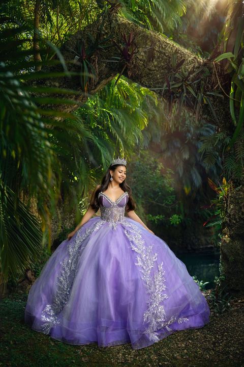 Quincea&ntilde;era photoshoot &mdash; lavender gown tropical forest at Secret Gardens Miami, Miami Visions Photography