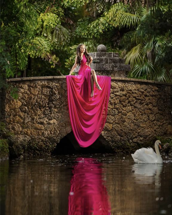 Quincea&ntilde;era photoshoot &mdash; pink flying dress swan pond at Secret Gardens Miami, Miami Visions Photography