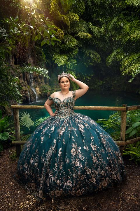 Quincea&ntilde;era photoshoot &mdash; emerald floral gown waterfall lagoon at Secret Gardens Miami, Miami Visions Photography