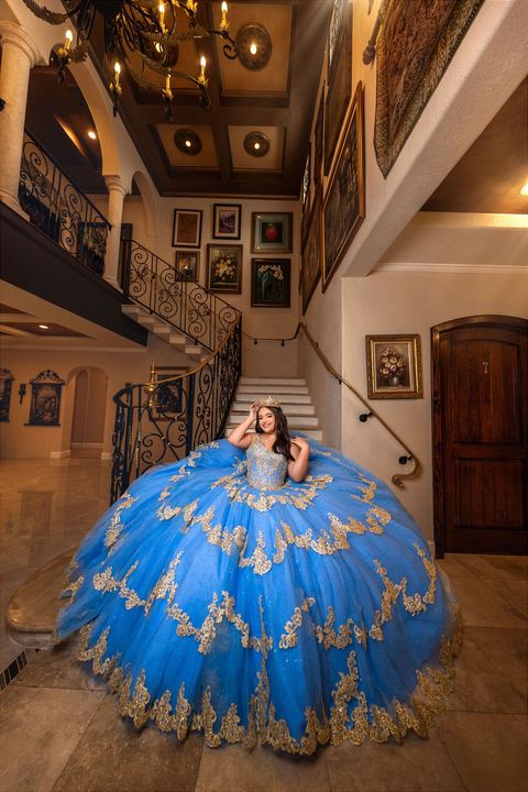 Quincea&ntilde;era photoshoot &mdash; blue gold ball gown staircase foyer at Villa Toscana Miami, Miami Visions Photography