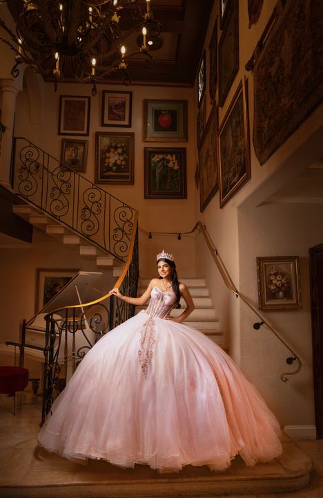 Quincea&ntilde;era photoshoot &mdash; blush gown gallery staircase at Villa Toscana Miami, Miami Visions Photography