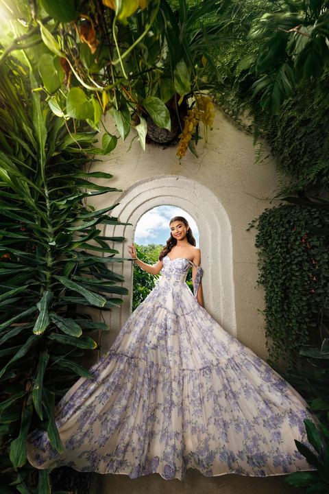 Quincea&ntilde;era photoshoot &mdash; floral gown ivy arch at Villa Toscana Miami, Miami Visions Photography