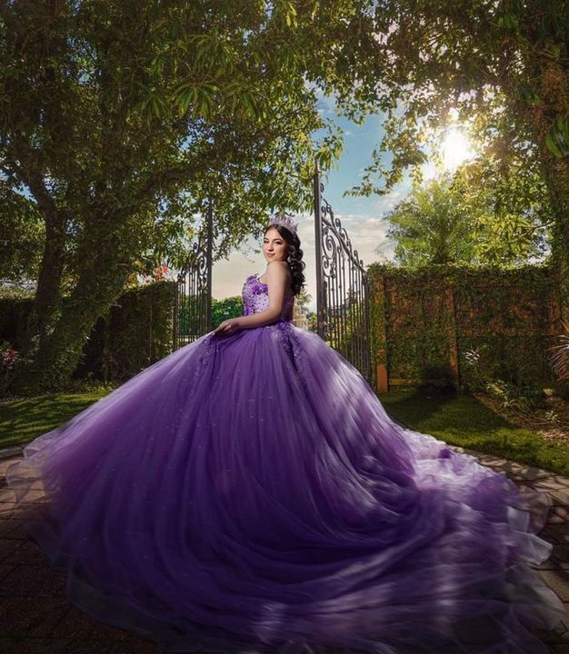 Quincea&ntilde;era photoshoot &mdash; purple ball gown garden gate at Villa Toscana Miami, Miami Visions Photography