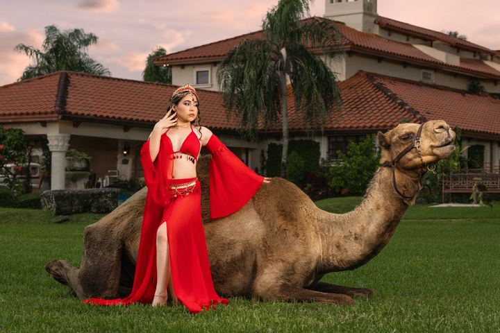 Quincea&ntilde;era photoshoot &mdash; red jasmine outfit camel at Villa Toscana Miami, Miami Visions Photography