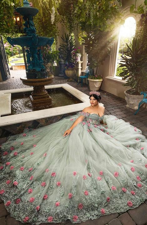 Quincea&ntilde;era photoshoot &mdash; sage floral gown courtyard fountain at Villa Toscana Miami, Miami Visions Photography